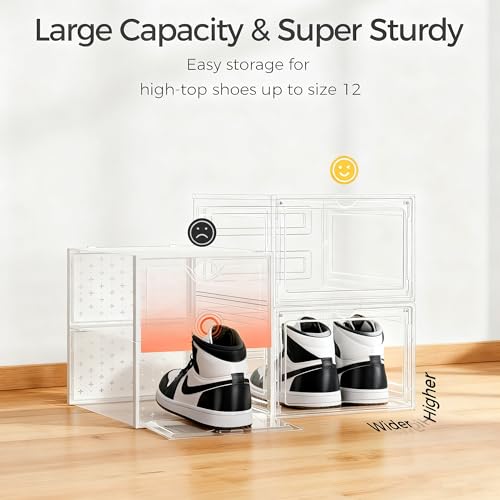 Pinkpum Upgraded Hard Shoe Storage Box 12 Pack X-Large Fit Size 12, Thicken & Sturdy Clear Plastic Stackable Shoe Organizer Box Closet, Sneaker Storage Display Case Holder Bins with Magnetic Door — view 3