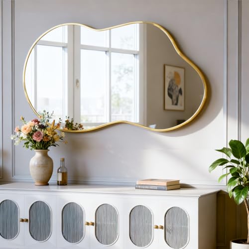 NEUWEABY Espejo de Pared Irregular, Espejo asimétrico 50 x 90 cm Espejos de Cuerpo Grandes y únicos para tocador Dorado Baño Montado en la Pared Moderno Vestidor con Forma para salón Entrada