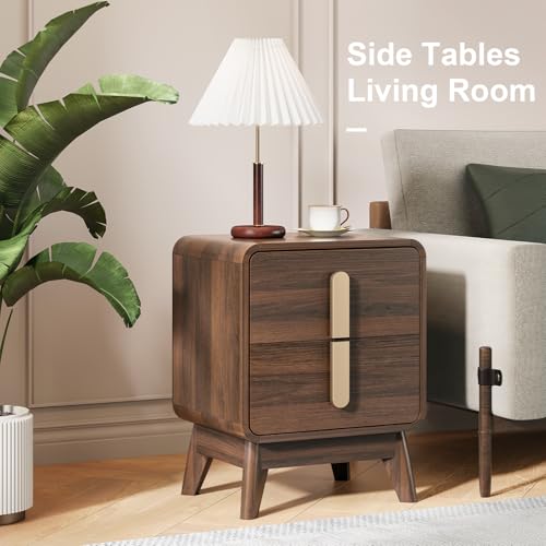 Image of JOINICE Mid Century Modern Night Stand Set of 2 for Bedroom, Walnut | Bed Side Table with Storage for Living Room, Bedroom, Walnut Veneer Finish, 2 Large Drawers with Golden Handles, Accent Piece