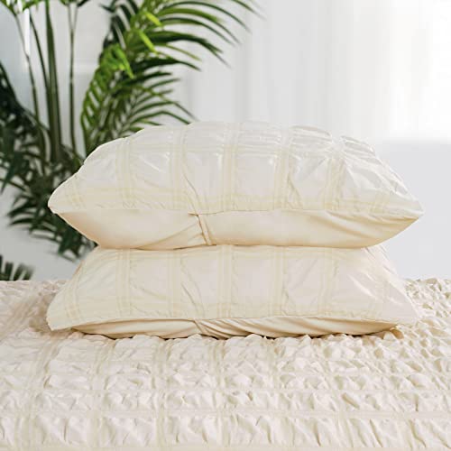 Phf Washed Soft Duvet Cover Set Queen Size, 3Pcs Microfiber Seersucker Comforter Cover Set, Ultra Soft Breathable Duvet Cover With Pillow Shams Bedding Collection, 90"X90", Beige #TOP5