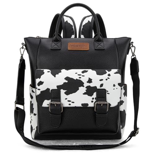 Image of Montana West Wrangler Womens Convertible Backpack Purse Cow Printed Backpack with Adjustable Crossbody Shoulder Strap for Work Travel WG175-9110COW-BK