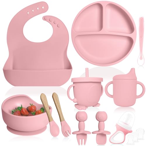 Image of Bluet B- Silicone Baby Feeding Set With Pacifier - Led Weaning Supplies - Spoons, Suction Bowl, Plate - Utensils for First Foods - 11pcs - Pink