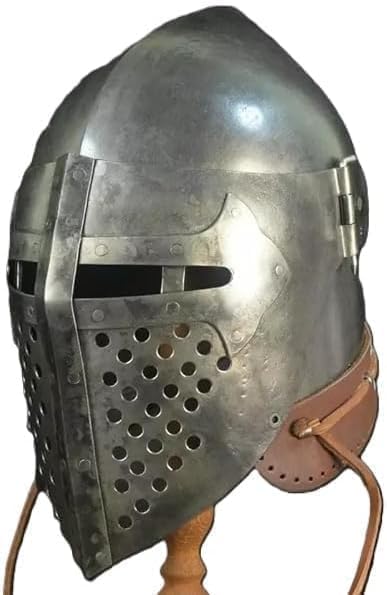 Medieval Knight Bascinet Helmet, Adjustable Visor, Cushioned Leather Strap, Battle Armor Cosplay Costume