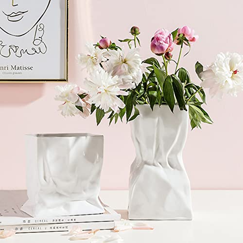 Levvohd White Pleated Ceramic Floral Vase, Unique Square Wide Mouth Paper Bag Large Flower Vases, Aesthetic Minimalist Boho Vase For Modern Trendy Home Room Table Centerpiece Decor (L5.3 X H9.4) #TOP6