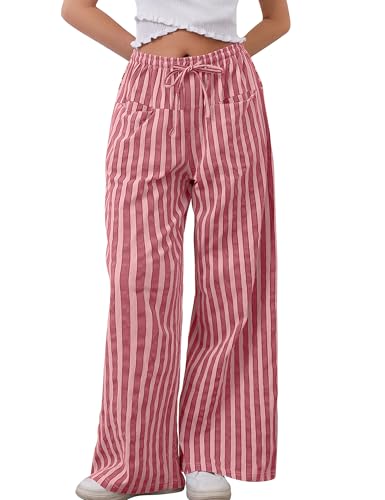 Image of MISSACTIVER Women Drawstring Striped Pants Loose Wide Leg Trousers Casual Low Waist Pants Comfy Lounge Pants with Pockets