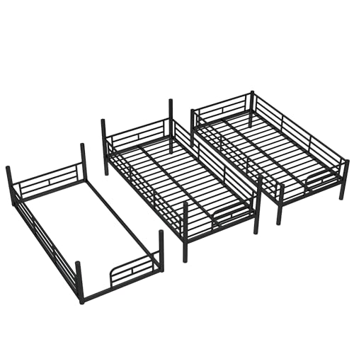 Image of Twin Over Twin Over Twin Bunk Bed with Safety Guardrails, Modern Metal Triple Bed Frame for Kids, No Box Spring Required, Black