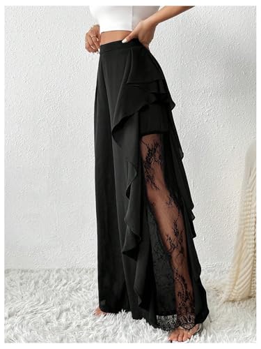 Verdusa Women's Lace Mesh Sheer Wide Leg Pants Ruffle High Waisted Dress Pants4