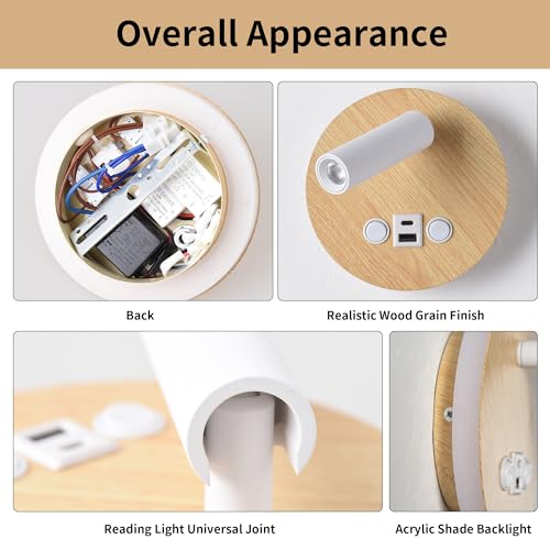 Image of Modern Multi-Purpose Wall Sconces,5.9 inch Wood Grain Hardwired Wall Light Fixture with USB /Type-C Charging Port for Bedroom /Stdudy, Rotatable Spotlight Reading Light & Ambient Nightlight 2 in 1 Design