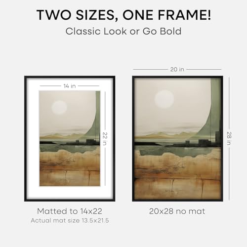 Image of Homeforia 20x28 Black Wood Frame, High End Oak 20x28 Wooden Picture Frames with Mat 14x22 Photo, 20 x 28 Poster Frame Matted to 14 by 22 Print, 28x20 Hanging Frames, Tempered Glass, Wall Kit, Set of 1