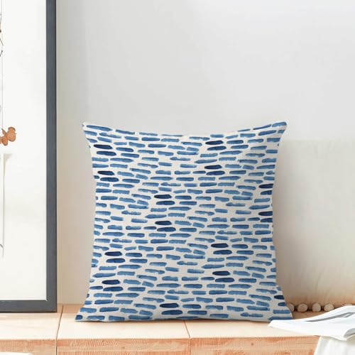 CXMEIFLY Navy Blue Summer Outdoor Pillow Covers 18 x 18 Inch Set of 2 Watercolor Blue Boho Striped Decor Throw Pillows Abstract Geometric Linen Farmhouse Decorative Pillowcases for Couch Bed Sofa — view 3