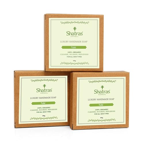 Image of Shatras Ayurvedic Handmade Premium Tulsi Bathing Soap | Herbal Soap for Acne-Prone Skin, Anti-Bacterial Care, Removes Dirt & Impurities | Suitable for All Skin Types (Pack of 3)