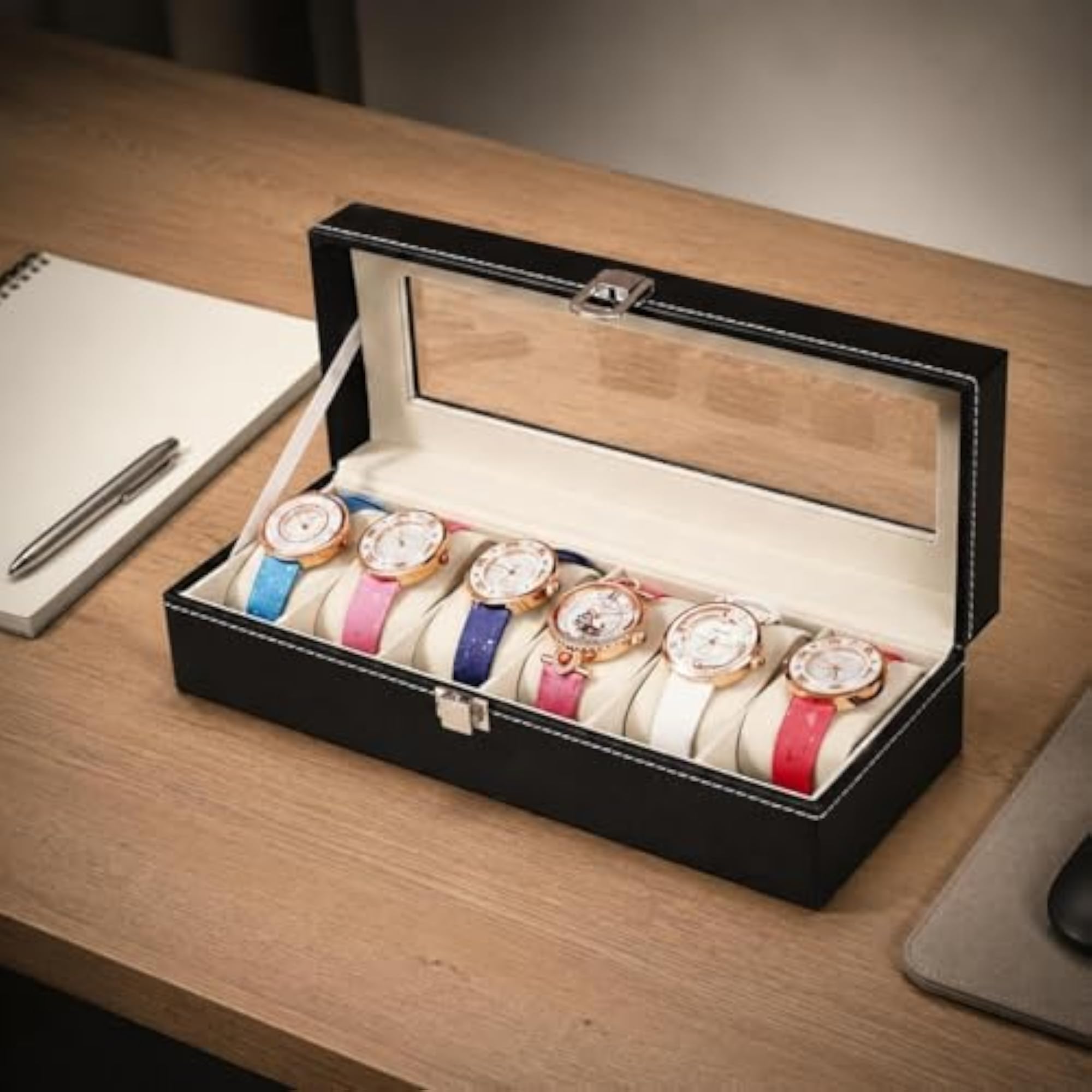 Padded Compartments 6 Slot Watch Box, Clear Window Glass Lid