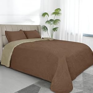 Easy-Going Full/Queen Size Reversible Quilt Set with 1 Quilt and 2 Pillow Shams, Soft Bed Quilt Cover, Water Resistant Lightweight Microfiber Bedspread, Stain Resistant, Damask-Brown/Beige F