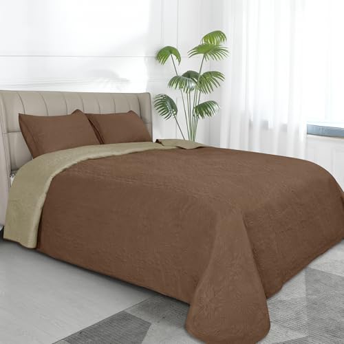 Easy-Going King Size Reversible Quilt Set with 1 Quilt and 2 Pillow Shams, Soft Bed Quilt Cover, Water Resistant Lightweight Microfiber Bedspread, Stain Resistant, Damask-Brown/Beige King (9