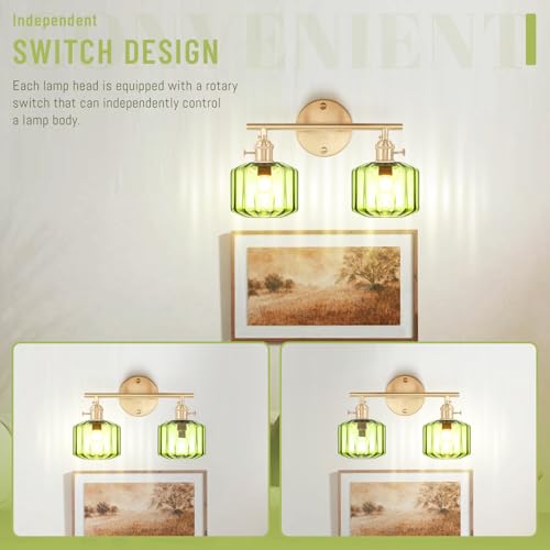 Image of Bathroom Vanity Lighting Mid Century Wall Sconce 2-Light Farmhouse Gold Brass Brushed Bathroom Wall Light Fixtures with Green Striped Hand Blown Glass Shade for Bedroom Living Room