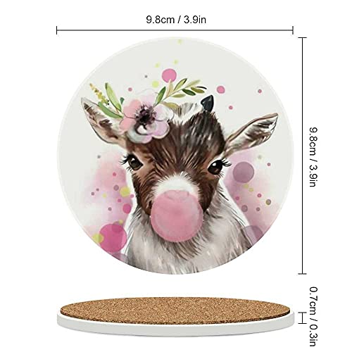 Kuizee Drink Coasters Set Cute Watercolor Goat Baby Decoration Pink Ceramic Absorbent Coaster Apartment Kitchen Room Bar Glasses Decor Round Cork Base 3.9 Inch,4 Pcs #TOP2