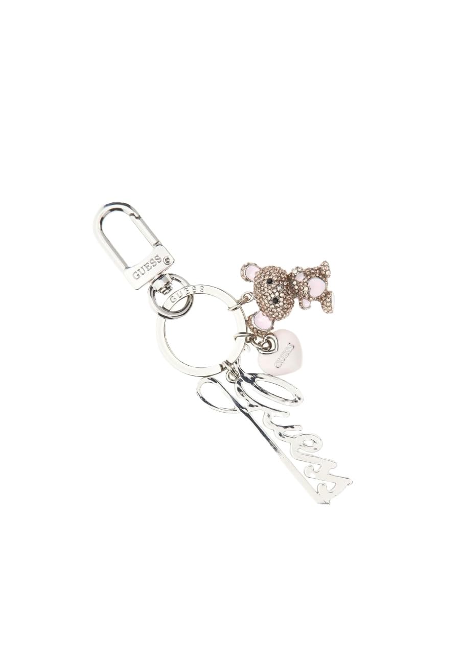 GUESS Portachiavi di Lusso in Metallo, Argento con Orsetto Decorativo e Charm, 6,4 x 12,6 x 0,5 cm, con Anello e Gancio