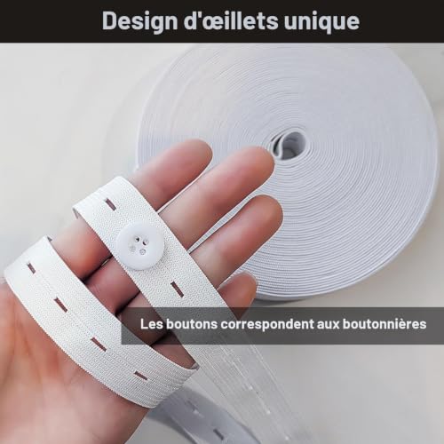 Nadisean 16m Elastique Couture avec Boutonniere, 20mm Élastique Couture avec 12 Boutons et 1 Ciseaux, Blanc Bande Élastique Couture avec Boutonniere, Réglable Élastique Boutonniere pour Pantalons – vue 5