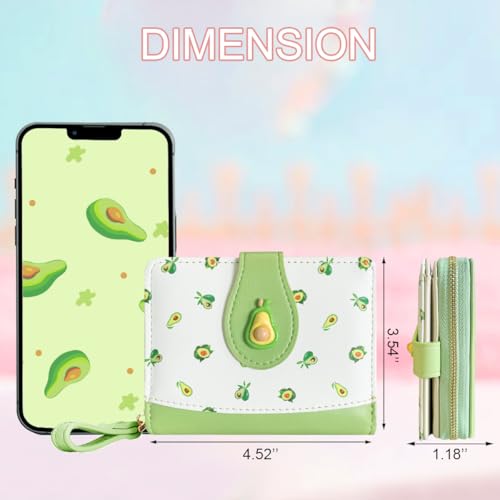 Image of Cute Print Wallet Blueberry Strawberry Cherry Wallet with Credit Card Slot Zipper Coin Pocket for Women Girls (AVOCADO)