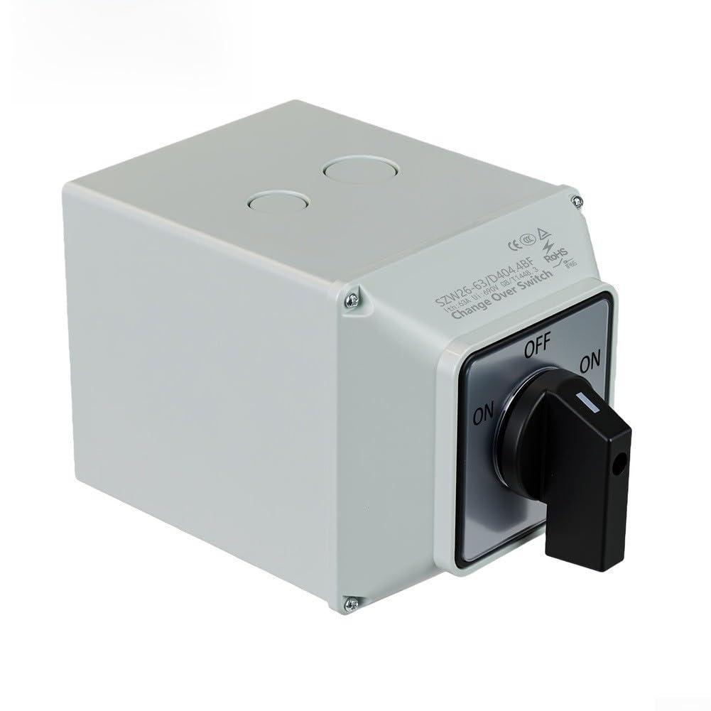 Wechselschalter ON-OFF-ON 63A IP65 Wasserdicht Drehschalter 3 Stufen 440VAC Silberkontakte Robust Lasttrennschalter IP65 Schutzart Für Industrie AC/DC Umschalter 63A Nennstrom Flammschutzgehäuse(B)