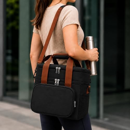 Bolsa Térmica para Marmita e Lanches com Alça de Ombro | Lancheira Térmica Impermeável Grande para Trabalho, Academia, Passeio e Viagem (Preto)