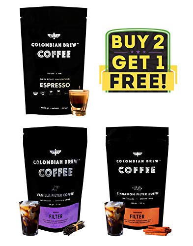 COLOMBIAN BREW COFFEE Espresso 100g, Vanilla Filter 100g, Cinnamon Filter Coffee Powder, 100g