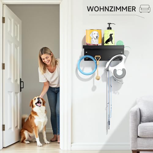 LOXSUN Hundegarderobe mit Ablage, Metall Dogstation Hundegarderobe Hundeleinen Halterung Wand, Schlüsselhalter Schwarz, Schlüsselbrett Ohne Bohren mit 4 Haken für Schlüssel, Hundeleine, Beißleine
