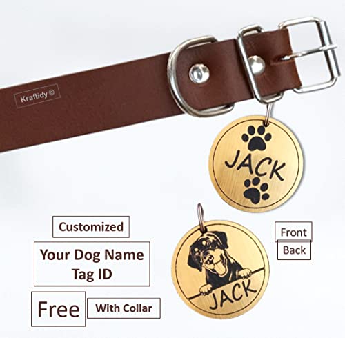 Image of Leather Dog Collar Belt with Name tag id Customized for Large Medium Small Dogs Neck Collar with Personalized Dog Name (Leather) (Large Dogs)