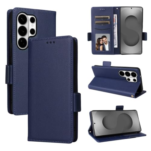Étui Samsung S23 FE 5G portefeuille en cuir grainé bleu foncé à rabat