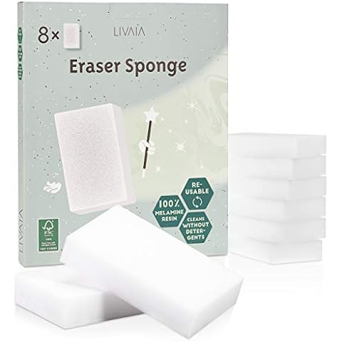 Premium Eraser Sponge: 8X Practical Dirt Eraser Sponges as Stain Remover for All Surfaces - Cleaner Sponge as Floor Cleaner, Bathroom Sponge, Wall Cleaner, White Shoe Cleaner - Melamine Sponge LIVAIA Cover