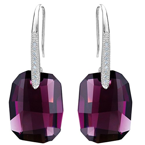 EleQueen 925 Sterling Silver CZ Rectangle Hook Drop Earrings Amethyst Color Made with Austrian Crystal for Women Girl, Valentine's Day/Mother's Day/Christmas Jewelry Gift for Girlfriend/Mom