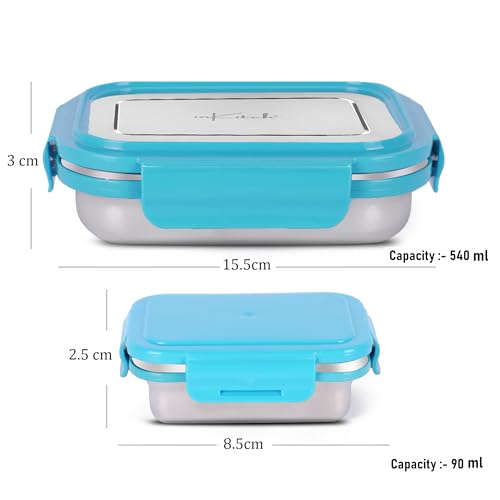 Image of Leak Proof Airtight Stainless Steel Lunch Box for Kids, 540ML + 90ML Snack Box Set, Steel Tiffin Box for School, Office & Picnic, Food Grade Durable Easy Carry Lunch Container