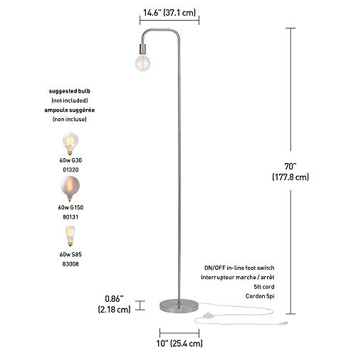 Globe Electric 67067 Holden 70" Floor Lamp, Brushed Steel, In-Line On/Off Foot Switch #TOP2