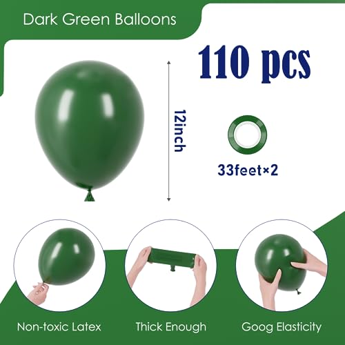 Image of Voircoloria 110pcs Dark Green Balloons 12inch Green Latex Party Balloons for Birthday, Graduation, St. Patrick's Day, Christmas, Baby Shower, Dinosaur Party, Anniversary Party Decorations