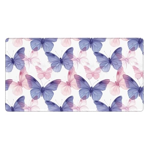 Grand tapis de souris de jeu papillon rose bleu avec base caoutchouc pour PC et ordi portable
