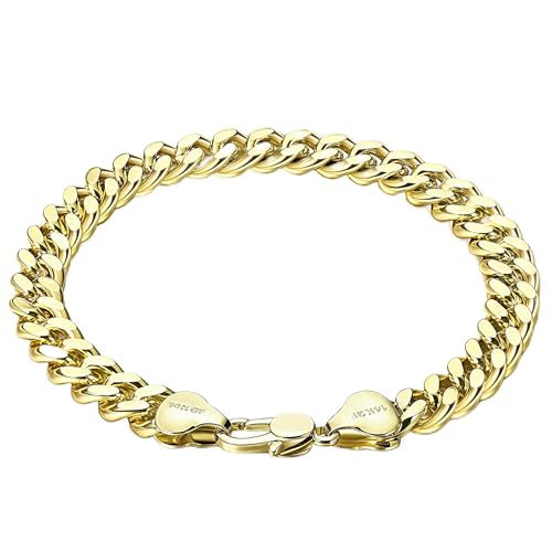 YOIHUR 14K Gold Cuban Hand Chain Bracelet 7mm Cuban Bracelets for Men Hypoallergenic Curb Link Chain Bracelet Ideal Jewelry Gift for Festival for Boyfriend Husband & Father(8.5in)