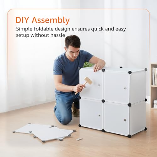 Image of Amazon Basics Plastic Modular Wardrobe Storage Cabinet for Home | 8 Cube Organizer with Hanging Space | DIY Foldable Closet for Clothes, Shoes & Accessories | White | 75 x 47 x 128 cm