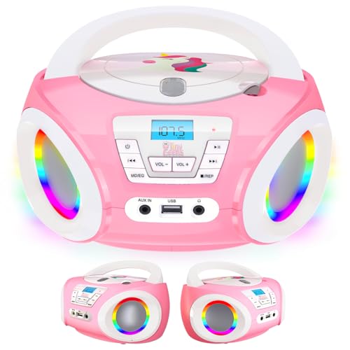 TinyGeeks Tunes Kids Boombox CD Player for Children - FM Radio - Includes Batteries - Purple Radio - CD Player with Speakers for Kids and Toddlers - Rose