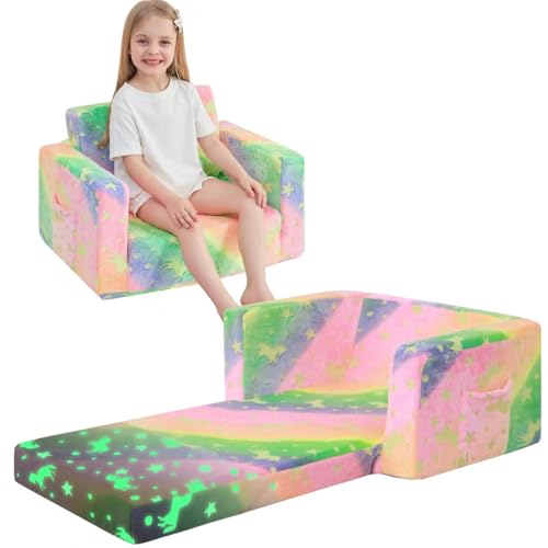 lasoftan Kids Sofa for Toddler, 2-in-1 Toddler Fold Out Couch Glow in The Dark, Convertible Sofa to Lounger Bed for Girls and Boys, with Removable Cover & Double Pockets - Glow Unicorn