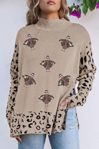 Women's Khaki Sequin Turkey Leopard Mixed Pattern High Neck Sweater with Slits4