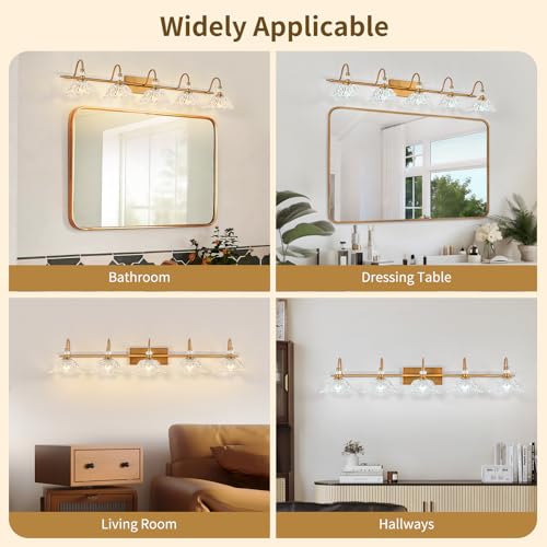 Image of Vintage Bathroom Vanity Light, 5-Light Matte Brass Finish Vanity Light with Floral Clear Glass Shades, Retro Wall Mount Lighting for Bathroom, Dressing Table