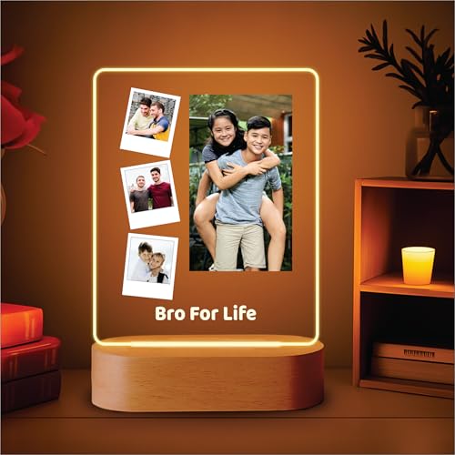 Image of Giftplease Custom Photo Acrylic LED Lamp Night Light - Personalized Picture Frame with Wood Base Warm Glow Desk Lamp,Custom Birthday, Rakhi, Graduation for Brother, Sibling, Best Friend