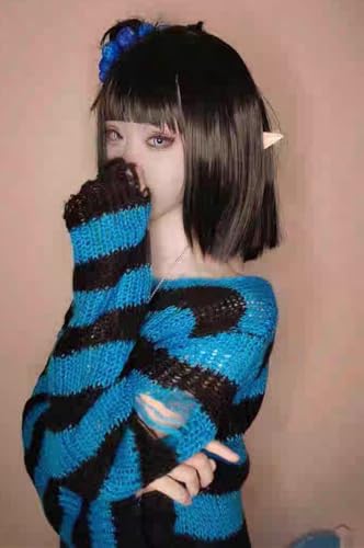 Image of Goth Y2K Striped Sweater Grunge Ripped Punk Gothic Sweaters for Women