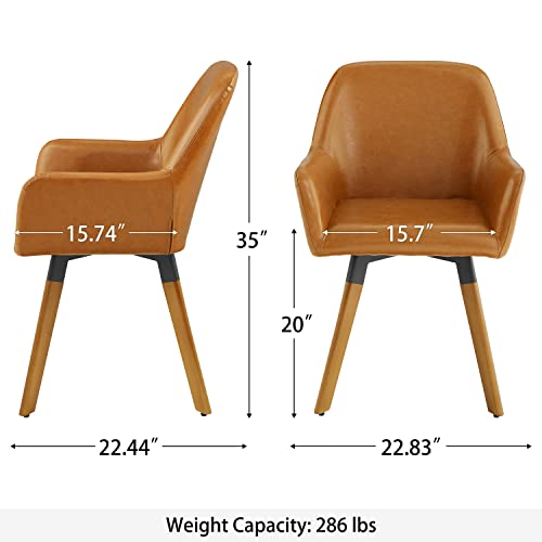 Art Leon Desk Chair No Wheels, Set Of 2, Mid Century Modern Swivel Accent Chair, Faux Leather Upholstered Office Chair Without Wheels, Solid Wood Legs, Brown #TOP1