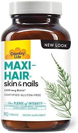 Country Life Maxi-Hair with 2000mcg of Biotin, Nourishes Hair, Skin and Nails 90 Tablets, Certified Gluten Free, Certified Vegetarian