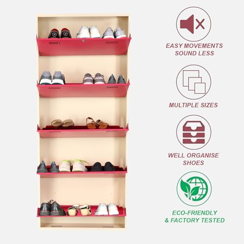 Image of Metal Shoe Rack Wall Mounted for Home with Central Locking 5 Door 28 inch Wall Mounted Metal 15 Pair Shoe Rack Cabinet Pre-Assembled Rack Shelves 3 Year Warranty (Pink & Ivory)