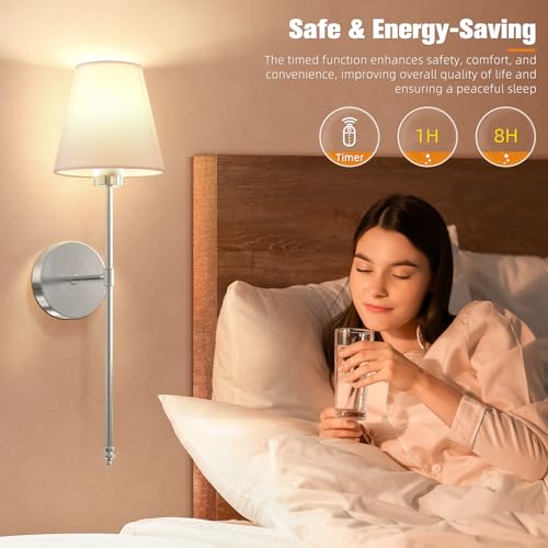Image of NIORSUN 19.9 inch Battery Operated Wall Sconce Set of 2,Brushed Nickel Rechargeable Wall Lights with 10400mAh Dimmable Detachable Bulbs and Remote,10 Colors Wireless Sconces for Bedroom Living Room