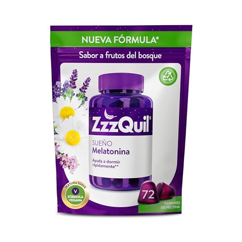 ZzzQuil Sueño, Gummies de Melatonina para Dormir, con Valeriana, Camomila, Vitamina B6 y Lavanda, Ayuda a Dormir Rápidamente*, Sabor Frutos del Bosque, Nueva Fórmula Vegana, 72 Gummies