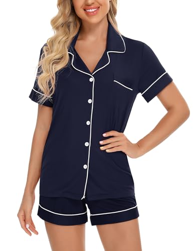 Image of Anjue Womens Pajamas Set Short Sleeve Button Down Soft Pj Sets S-XXL | V neck,Pyjamas,Modal,Wedding,Pijamas de mujer,Bridal party,Viscose,Knit,Cute,Lounge,Lightweight,Nursing,Holidays