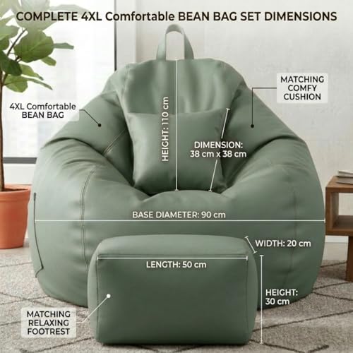 Image of KAM'S LIEU 5XL Luxury Faux Leather Bean Bag with Footrest & Cushion | Pre-Filled High-Density Polystyrene Beans | Premium Leatherette | 6 Months Warranty Color- (Sage Green, with Footrest)